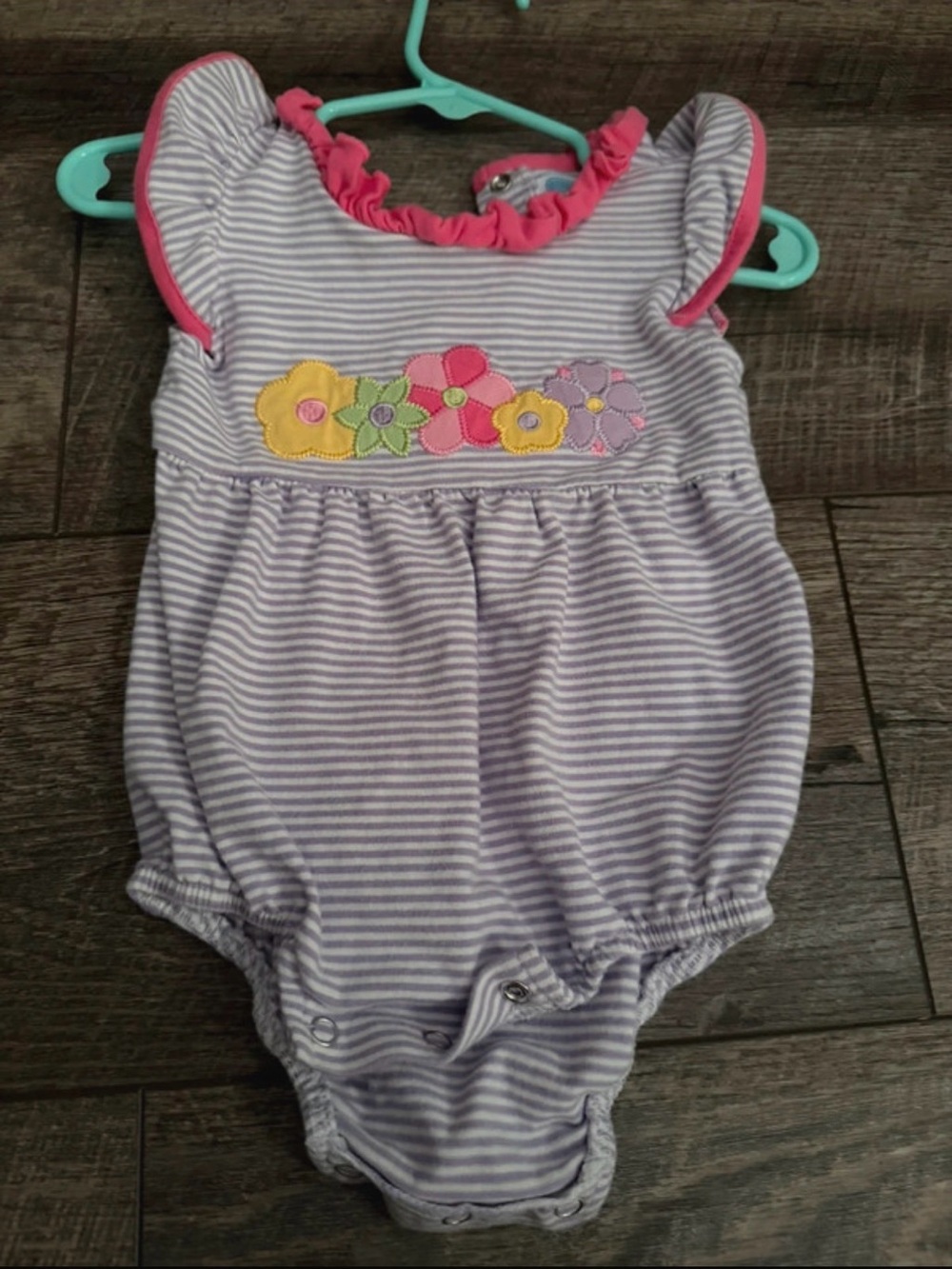 Lavender Striped Floral Baby One-Piece with Pink Trim